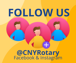 yellow background with graphic featuring three people in circles and text that reads: follow us @cnyrotary on facebook and instagram