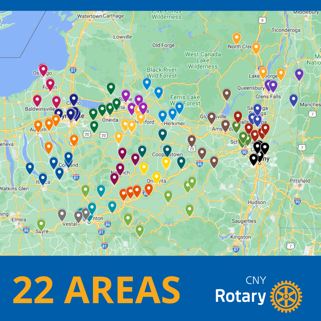 screenshot of map featuring colorful pins that mark each club in CNY Rotary, with a blue background and text that reads: 22 areas and the CNY Rotary logo